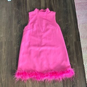 Pink Sleeveless Dress with Feather Trim